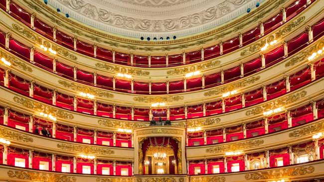 The horseshoe auditorium at La Scala opera house, Milan.