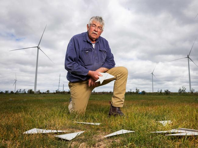 MELBOURNE, OCTOBER 11, 2024: Barunah Park farmer Russell Coad had parts from turbines in the Golden Plains Wind Farm fly onto his property during high winds. Picture: Mark Stewart