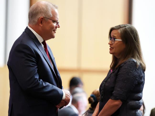 Prime Minister Scott Morrison with Sex Discrimination Commissioner Kate Jenkins. Picture: NCA NewsWire / Gary Ramage