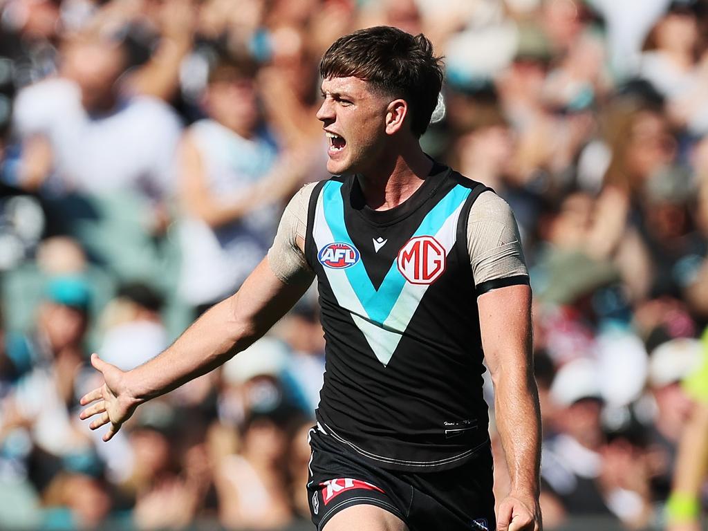 Zak Butters celebrates a goaJames Elsby/AFL Photos via Getty Images)