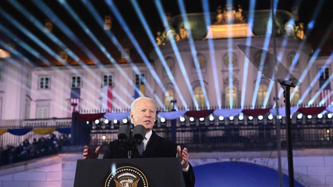 US President Joe Biden delivers a speech at the Royal Warsaw Castle Gardens in Warsaw.