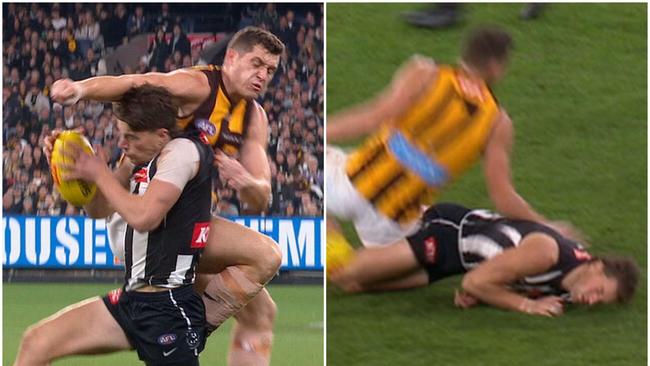 Lloyd Meek is set for a stint on the sidelines after this late hit on Pat Lipinski.