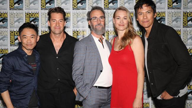 Teacup lineup: from left, executive producer, James Wan; actor Scott Speedman; showrunner and executive producter Ian McCulloch; and actors Yvonne Strahovski and Chaske Spencer. Picture: Christine Bartolucci/Peacock.