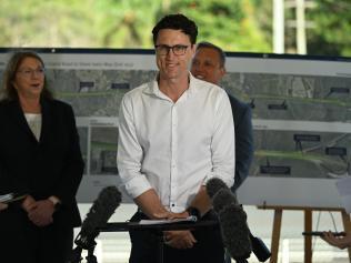 9/4/2024: QLD Premier Steven Miles and Federal Infrastructure Minister Catherine King and State Transport Minister Bart Mellish , celebrate the completion of Bruce Highway upgrades between Caboolture and Elimbah, at Caboolture, Brisbane.  pic: Lyndon Mechielsen/Courier Mail
