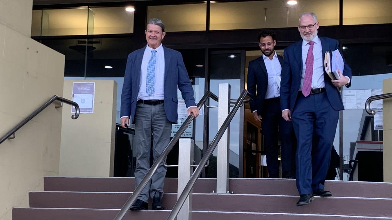 Keith Callinan, barrister Michael de Waard and Macrossan and Amiet managing director Stuart Naylor leave Mackay courthouse after day one of the damages claim trial against Power Equipment Pty Ltd.