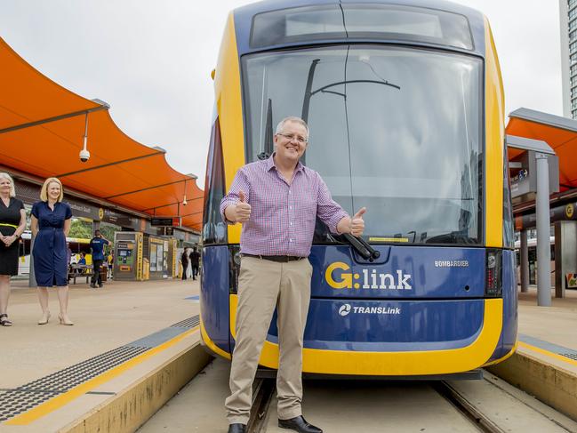 Prime Minister of Australia, Scott Morrison, visiting the Broadbeach South light rail station (G:link) station, on Monday,  to announce further light rail funding on the Gold Coast by the Australian Government.   Picture: Jerad Williams