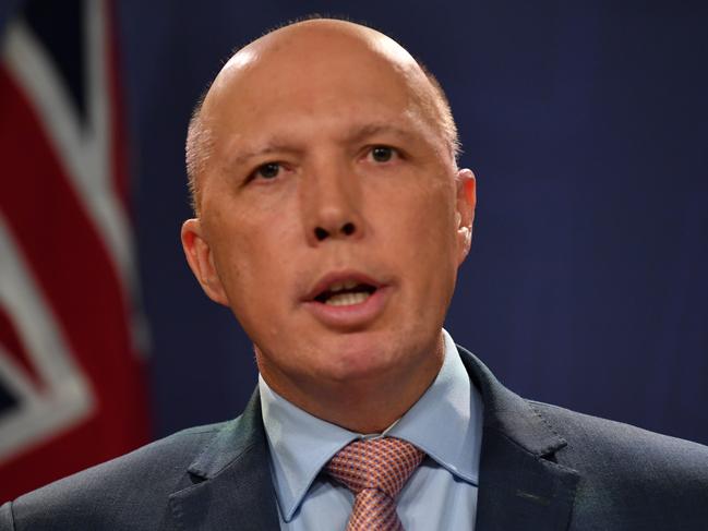 Minister for Home Affairs Peter Dutton speaks to the media during a press conference in Sydney, Thursday, June, 20, 2019. (AAP Image/Dean Lewins) NO ARCHIVING