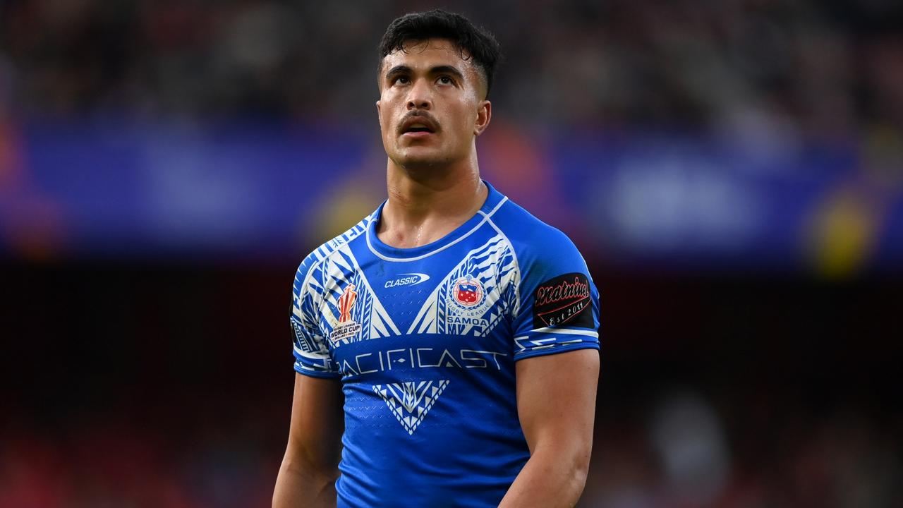 Samoa squad team photos. LONDON, ENGLAND - NOVEMBER 12: Joseph Suaalii of Samoa during the Rugby League World Cup Semi-Final match between England/Papua New Guinea and Tonga/Samoa at Emirates Stadium on November 12, 2022 in London, England. (Photo by Gareth Copley/Getty Images)