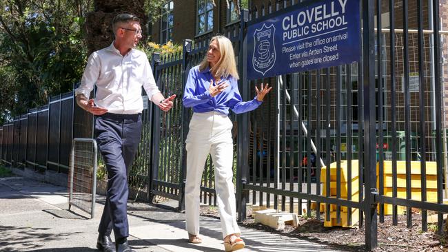 Premier Dominic Perrottet (left) with Liberal Coogee candidate Kyle von Muenster in Clovelly. Picture: Toby Zerna