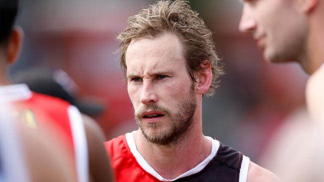 MELBOURNE, AUSTRALIA - MARCH 03: Jimmy Webster of the Saints looks on at the quarter time break during the 2024 AFL AAMI Community Series match between the St Kilda Saints and North Melbourne Kangaroos at RSEA Park on March 03, 2024 in Melbourne, Australia. (Photo by Dylan Burns/AFL Photos via Getty Images)