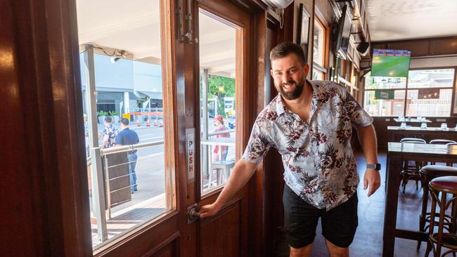 Publican Brett Lubicz opens the doors of Hotel Darwin for the first time in 53 days after the COVID shutdown last year.