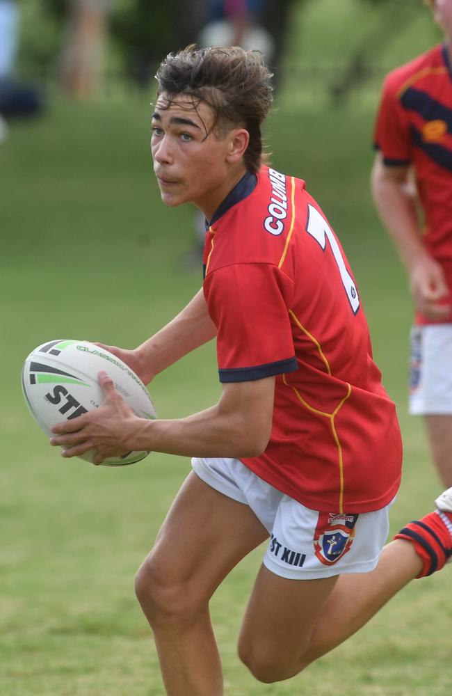 Gilroy Santa Maria College play Columba Catholic College in opens rugby league at Ryan Catholic College. Columba halfback Thomas Scholes. Picture: Evan Morgan