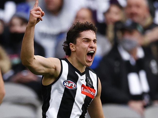 AFL Round15 . Colliongwood vs Fremantle at Marvel Stadium, Melbourne. 26/06/2021.   Trent Bianco of the Magpies celebrates a 4th qtr goal   .  Pic: Michael Klein