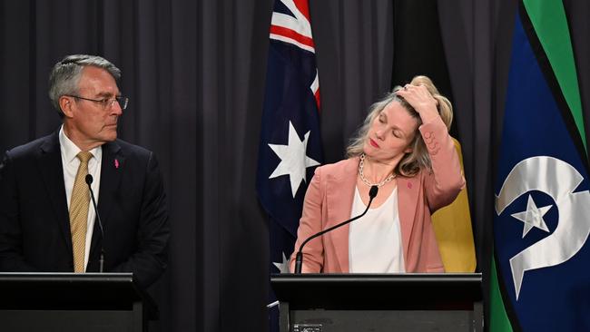 Australian Attorney-General Mark Dreyfus, Australian Home Affairs Minister Clare O’Neil and Australian Immigration Minister Andrew Giles. Picture: AAP Image/Lukas Coch