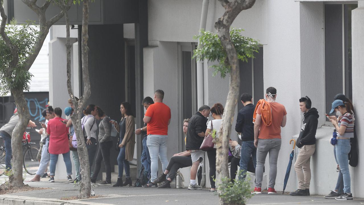 Crowds gather at the Fortitude Valley Centrelink. Picture: Peter Wallis