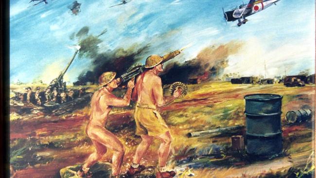 A painting depicting the Japanese bombing of Darwin on February 19, 1942. Naked anti-aircraft gunner Wilbert Hudson can be seen blazing away at the enemy with his gun resting on the shoulder of his ammunition man Tex Campbell.