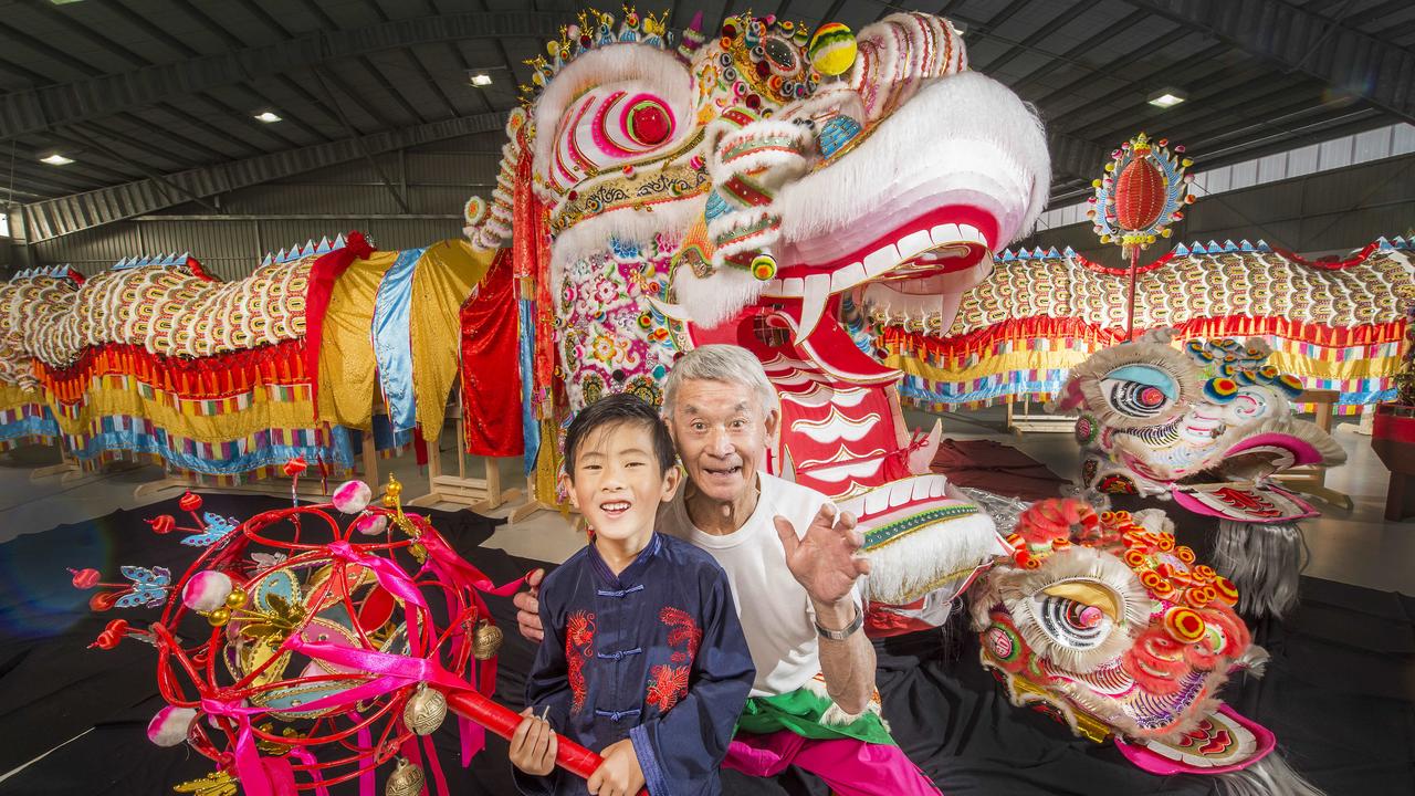 Jensen Chea and Russell Jack, head of the Golden Dragon Museum, with Dai Gum Loong. Picture: Rob Leeson