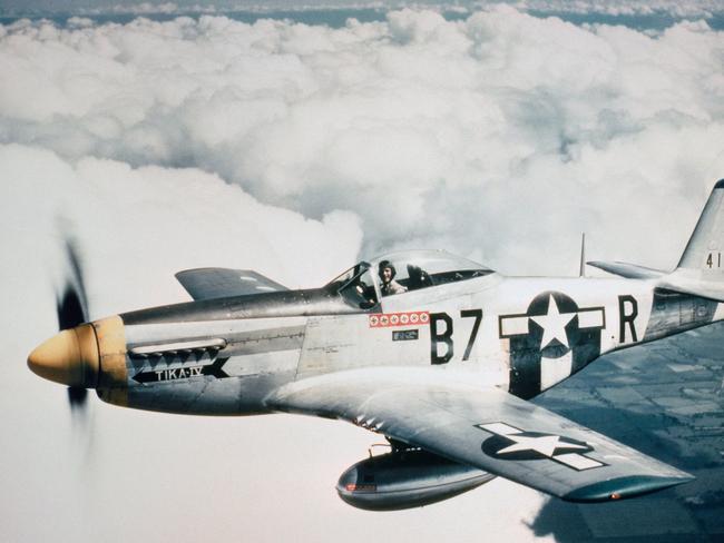 Second World War photo of Lt Vernon R Richards of the 361st Fighter Group flying his P-51D Mustang nicknamed Tika IV during a bomber escort mission in 1944. Picture: Imperial War Museum