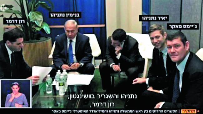 Packer, right, in a meeting with Israel PM Benjamin Netanyahu. Pic: Channel 10, Israel