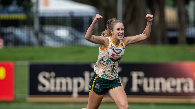 Steph Lawrence scores in the 2023-24 NTFL Women's Grand Final between PINT and St Mary's. Picture: Pema Tamang Pakhrin