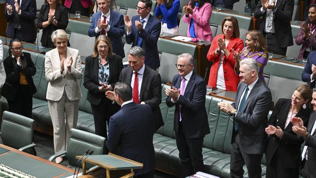 Members of Parliament congratulate Federal Treasurer Jim Chalmers after handing down the 2024-25 Federal Budget at Parliament House in Canberra. Picture: NCA NewsWire / Martin Ollman