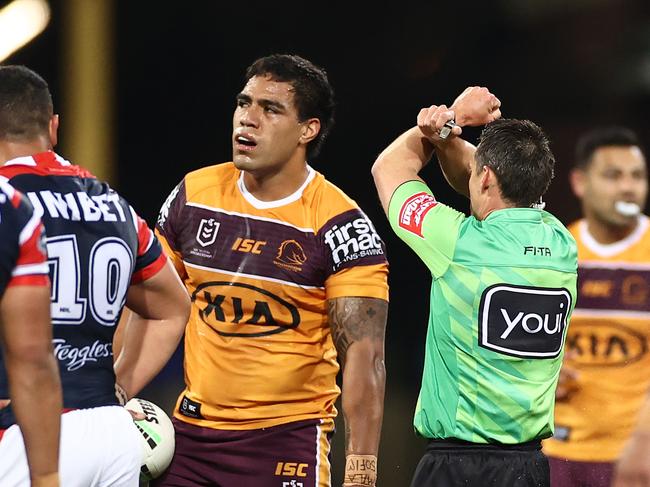 Joe Ofahengaue is placed on report by referee Adam Gee. Picture: Cameron Spencer/Getty Images