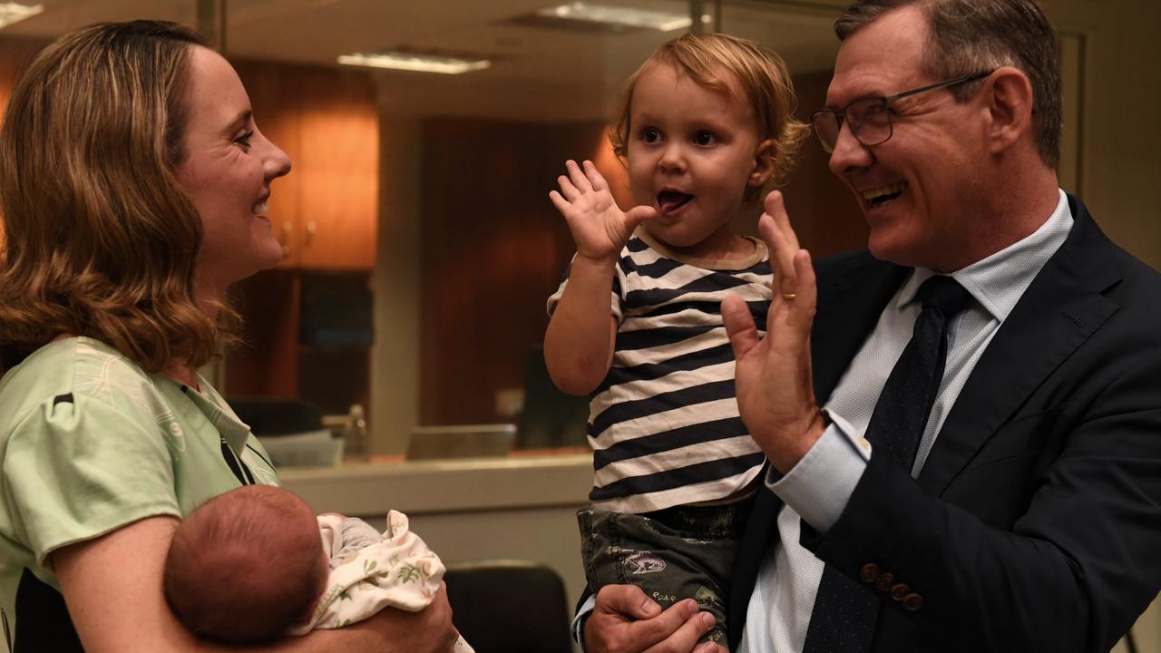 Chief Minister Michael Gunner with his family after announcing his resignation from the top role. Picture:(A)manda Parkinson