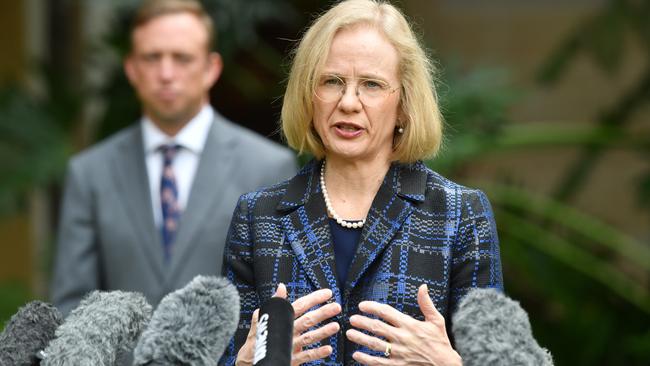 Queensland Deputy Premier Steven Miles with the state’s Chief Health Officer Dr Jeannette Young. Picture: Darren England, AAP.