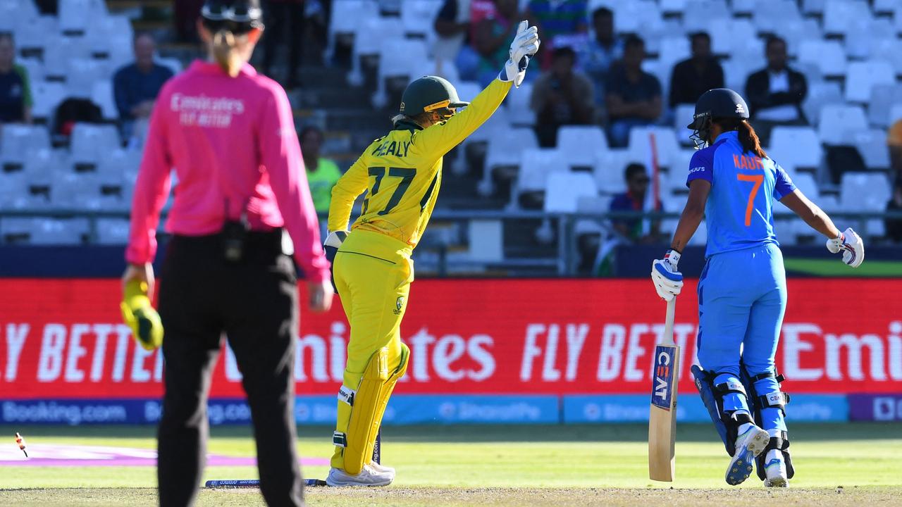 Kaur’s dismissal was the beginning of the end for India, who were eliminated from the World Cup semi-final by Australia. Picture: Rodger Bosch / AFP