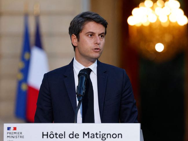 France's Prime Minister Gabriel Attal gives a speech following the first results of the second round of France's legislative election. Picture: AFP