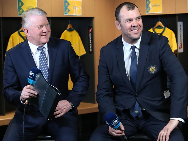 Wallabies coach Michael Cheika (right) announces players with Greg Clark from Fox Sports.