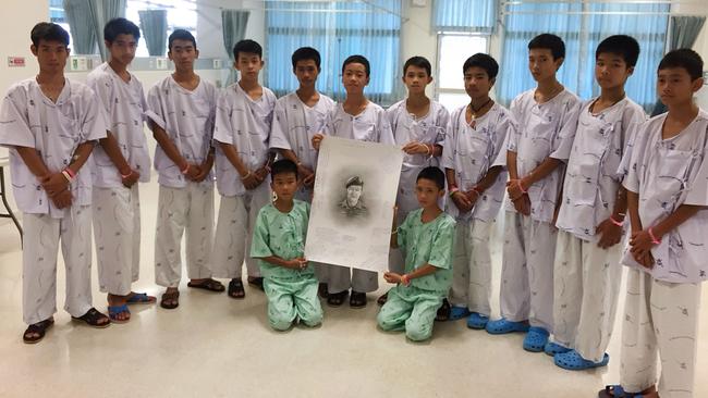 The grateful members of the Wild Boars football team at hospital in Chiang Rai after being rescued. Picture: Supplied