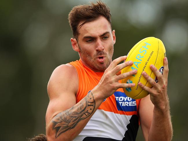 SYDNEY, AUSTRALIA - FEBRUARY 29: Jeremy Finlayson of the Giants marks during the 2020 AFL Marsh Community Series match between the Greater Western Sydney Giants and the Sydney Swans at Blacktown International Sportspark on February 29, 2020 in Sydney, Australia. (Photo by Mark Kolbe/Getty Images)