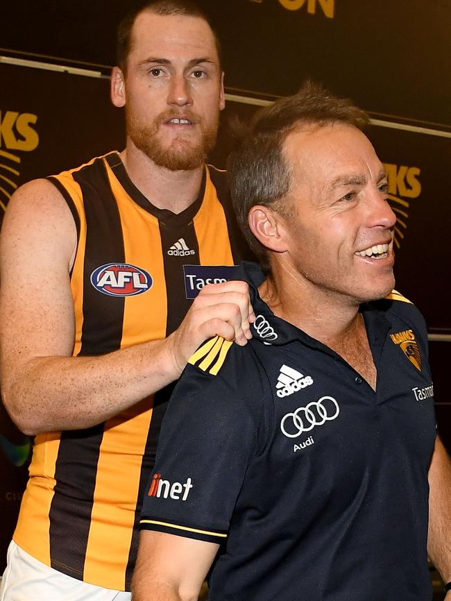 Roughead and coach Alastair Clarkson celebrating a win. Picture: Getty