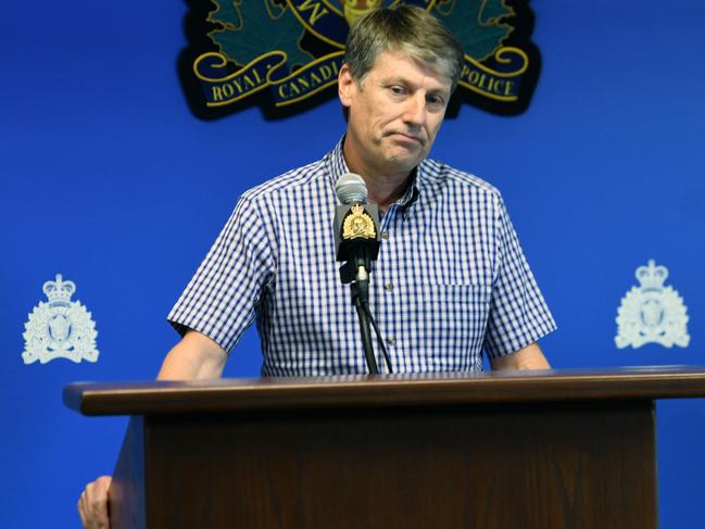 New South Wales police chief inspector Stephen Fowler pauses while speaking at a Royal Canadian Mounted Police news conference about the murder of his son and Chynna Deese. Picture: Peter Whittle/ News Corp Australia