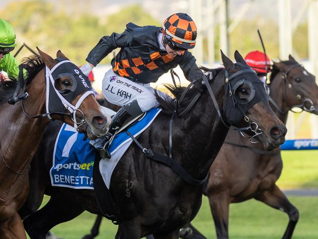 Jamie Kah rides Benedetta to victory in the Group 1 The Goodwood at Morphettville. Picture: Makoto Kankeko