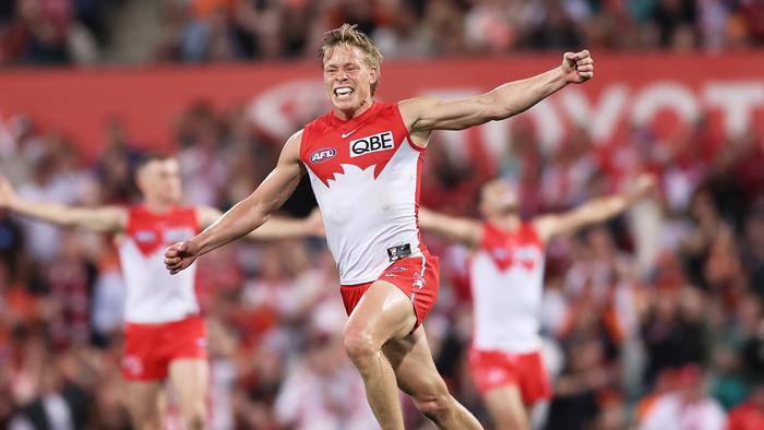 SYDNEY, AUSTRALIA - SEPTEMBER 07:  Isaac Heeney of the Swans celebrates a goal during the AFL First Qualifying Final match between Sydney Swans and Greater Western Sydney Giants at Sydney Cricket Ground, on September 07, 2024, in Sydney, Australia. (Photo by Matt King/AFL Photos/via Getty Images)