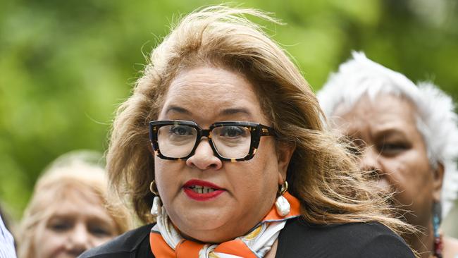 Megan Davis of the government Referendum Working Group addresses the media after meeting with Anthony Albanese and Peter Dutton at Parliament house in Canberra. Picture: NCA NewsWire / Martin Ollman