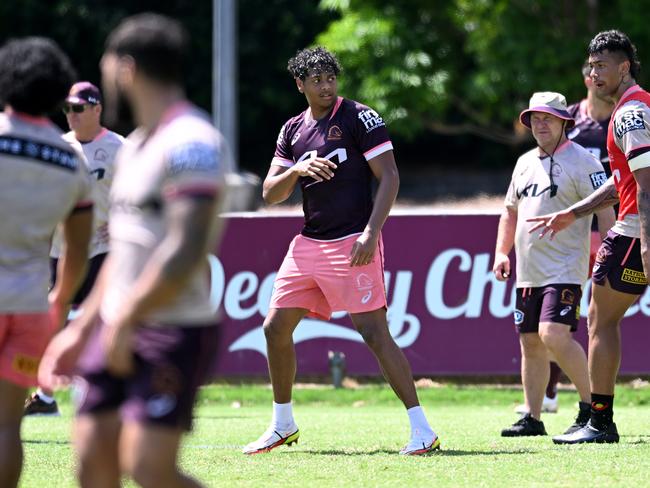 Selwyn Cobbo at Broncos training in January, after news of his comments on Kevin Walters emerged. Picture: NCA NewsWire / Dan Peled