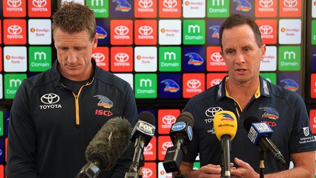 Adelaide Crows football manager Brett Burton and coach Don Pyke.