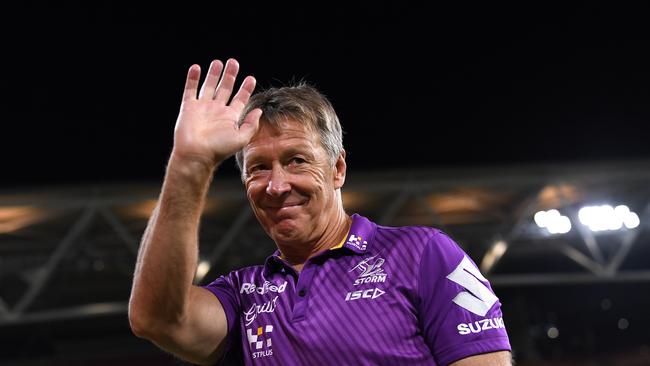 BRISBANE, AUSTRALIA - OCTOBER 03: Craig Bellamy, coach of the Storm, celebrates after the NRL Qualifying Final match between the Melbourne Storm and the Parramatta Eels at Suncorp Stadium on October 03, 2020 in Brisbane, Australia. (Photo by Bradley Kanaris/Getty Images)