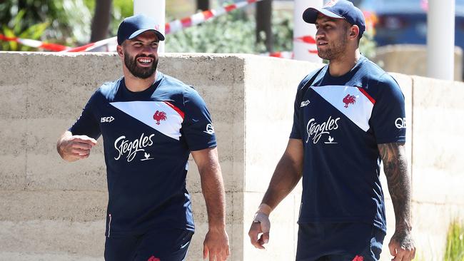 Roosters signing James Tedesco with Blake Ferguson. Picture: Brett Costello