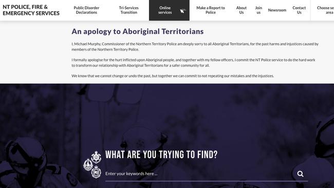 The apology appearing prominently on the NT Police website.