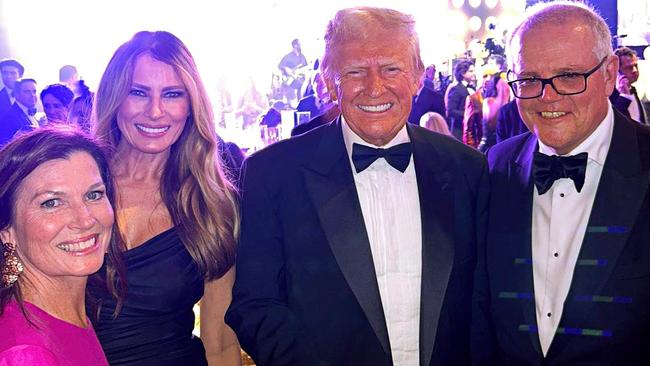 Former prime minister Scott Morrison and his wife Jenny with US President-elect Donald Trump and his wife Melania at the New Year's Eve party at Mar-a-Lago.