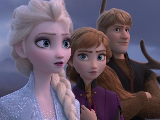 This image released by Disney shows Elsa, voiced by Idina Menzel, from left, Anna, voiced by Kristen Bell, Kristoff, voiced by Jonathan Groff and Sven in a scene from the animated film, "Frozen 2." (Disney via AP)