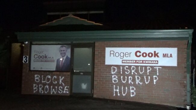 Environmental activists have vandalised the electorate office of WA premier Roger Cook in the latest protest action against Woodside Energy's Burrup Hub gas project.