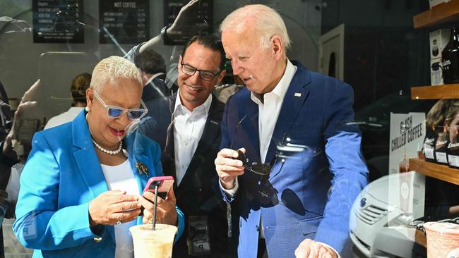 Biden visits a coffee shop with Pennsylvania Governor Josh Shapiro and Harrisburg Mayor Wanda Williams in Harrisburg, Pennsylvania. Picture: Saul Loeb/AFP