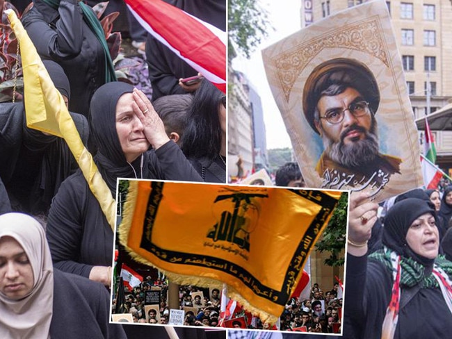 A protest in Sydney on Sunday where participants displayed Hezbollah flags (inset) and images of terrorist leader Hassan Nasrallah. Pictures: AFP/News Corp.