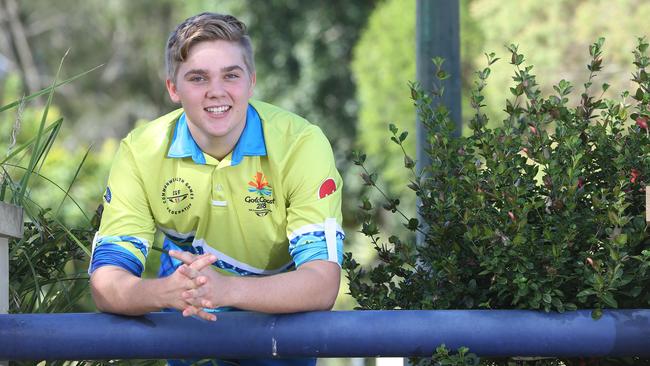 Declan Roe in his volunteer gear at his home at Robina. Picture Glenn Hampson