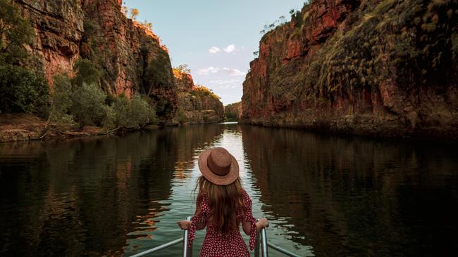 A tourist on a boat cruise in Katherine Gorge, Nitmiluk National Park. Picture: Tourism NT/Emilie Ristevski